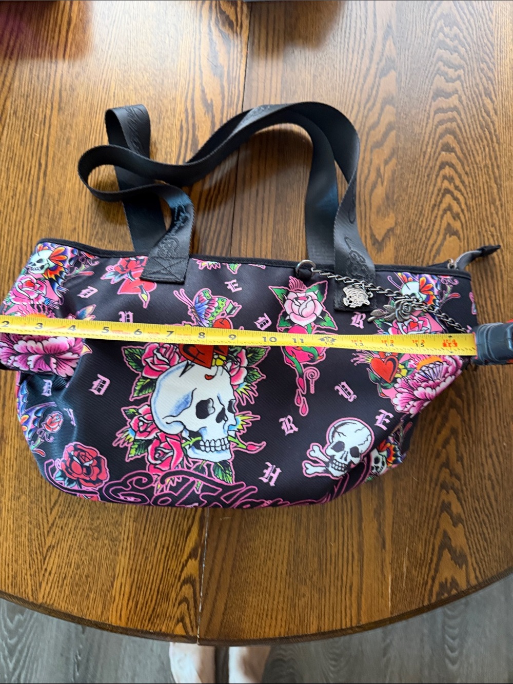 Ed Hardy Black Floral Skull Shoulder Tote with Pink Accents